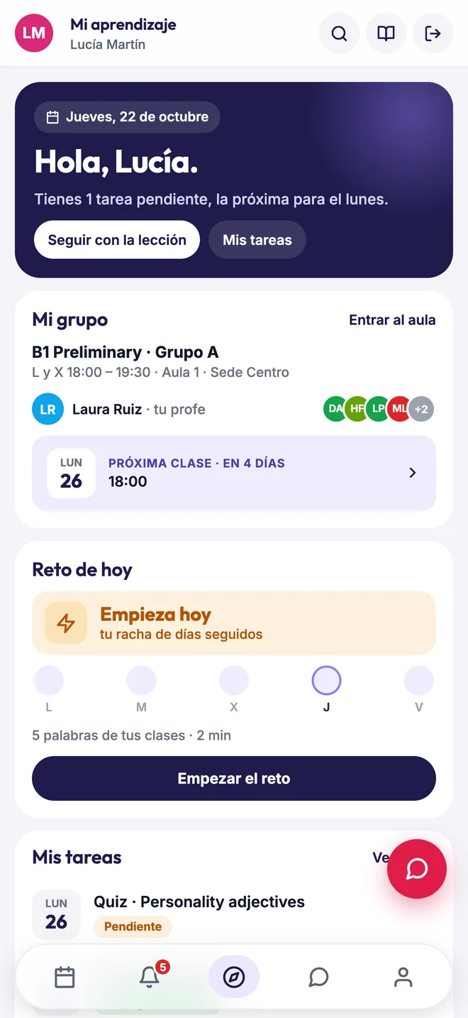 Inicio del alumno en el móvil con su grupo, su próxima clase y el reto de hoy