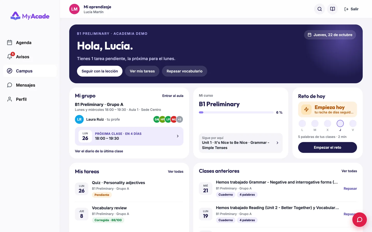 Inicio del alumno en el ordenador: su grupo, su curso, el reto de hoy, sus tareas y las clases anteriores